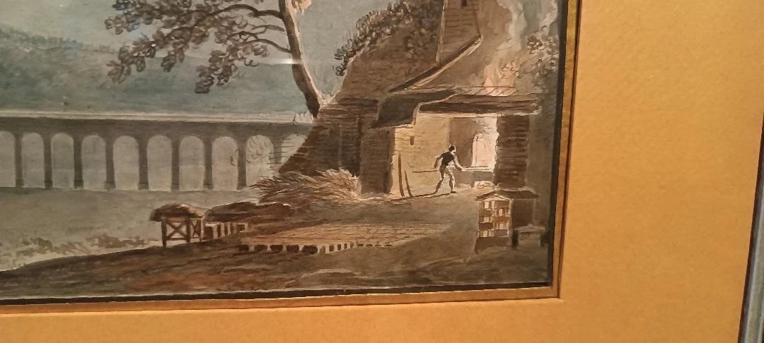 Antico acquerello su carta primi 800 - notturno - paesaggio con acquedotto, ponte-photo-3