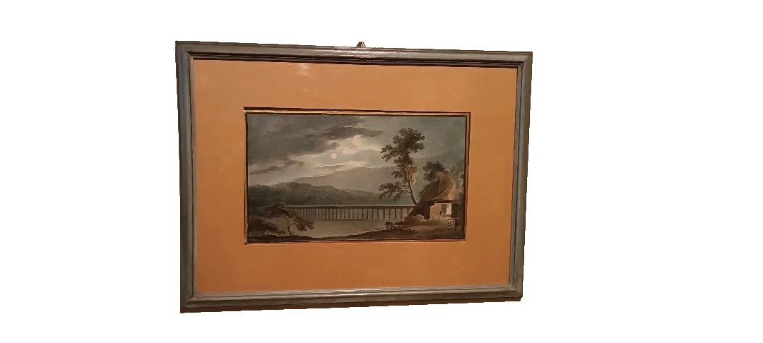 Antico acquerello su carta primi 800 - notturno - paesaggio con acquedotto, ponte