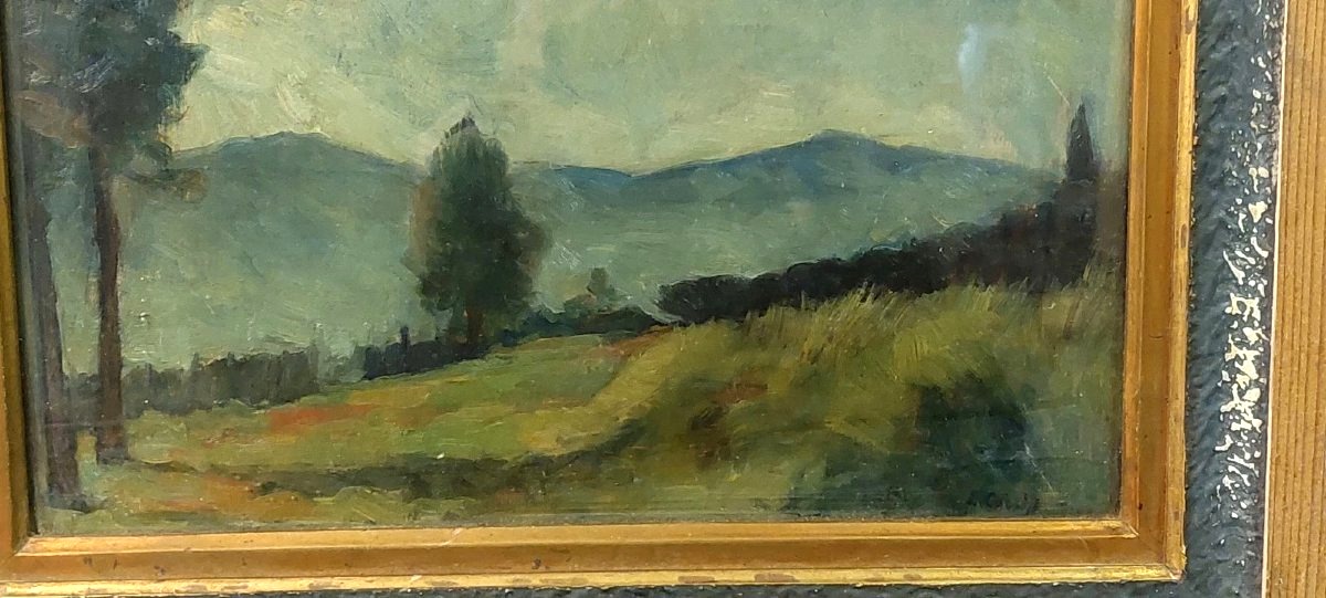 ENNIO COCCHI PAESAGGIO E NATURA MORTA DIPINTA SU 2 LATI TAVOLA-photo-3
