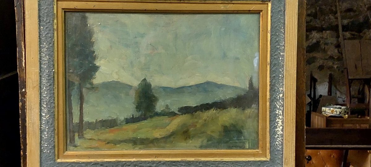 ENNIO COCCHI PAESAGGIO E NATURA MORTA DIPINTA SU 2 LATI TAVOLA-photo-2