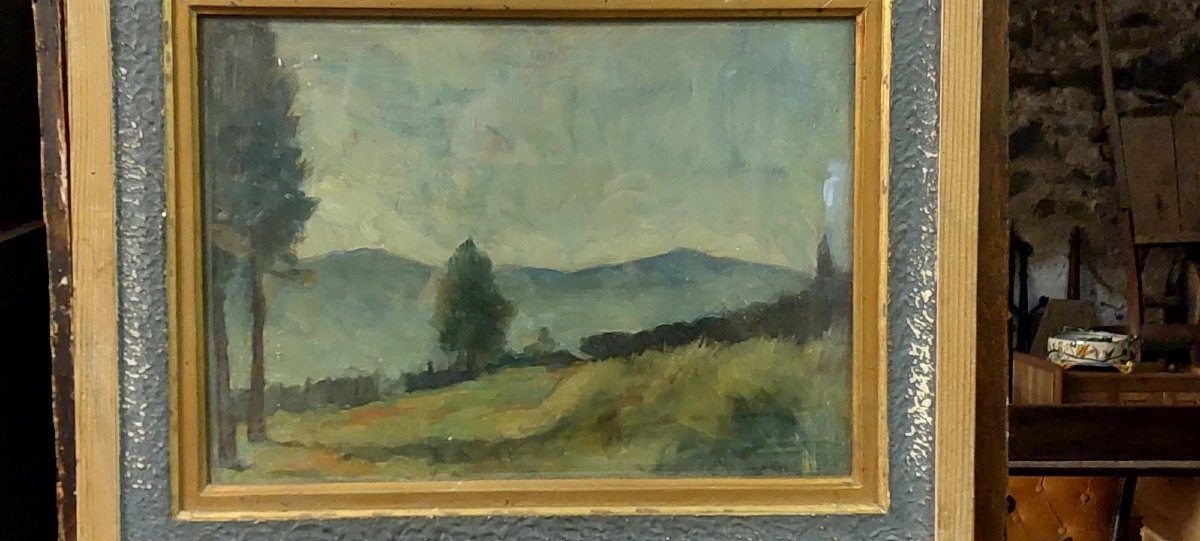 ENNIO COCCHI PAESAGGIO E NATURA MORTA DIPINTA SU 2 LATI TAVOLA-photo-3
