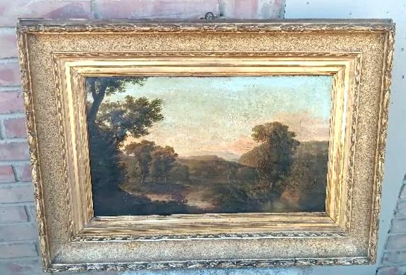 Antico dipinto su tela raffigurante paesaggio bucolico