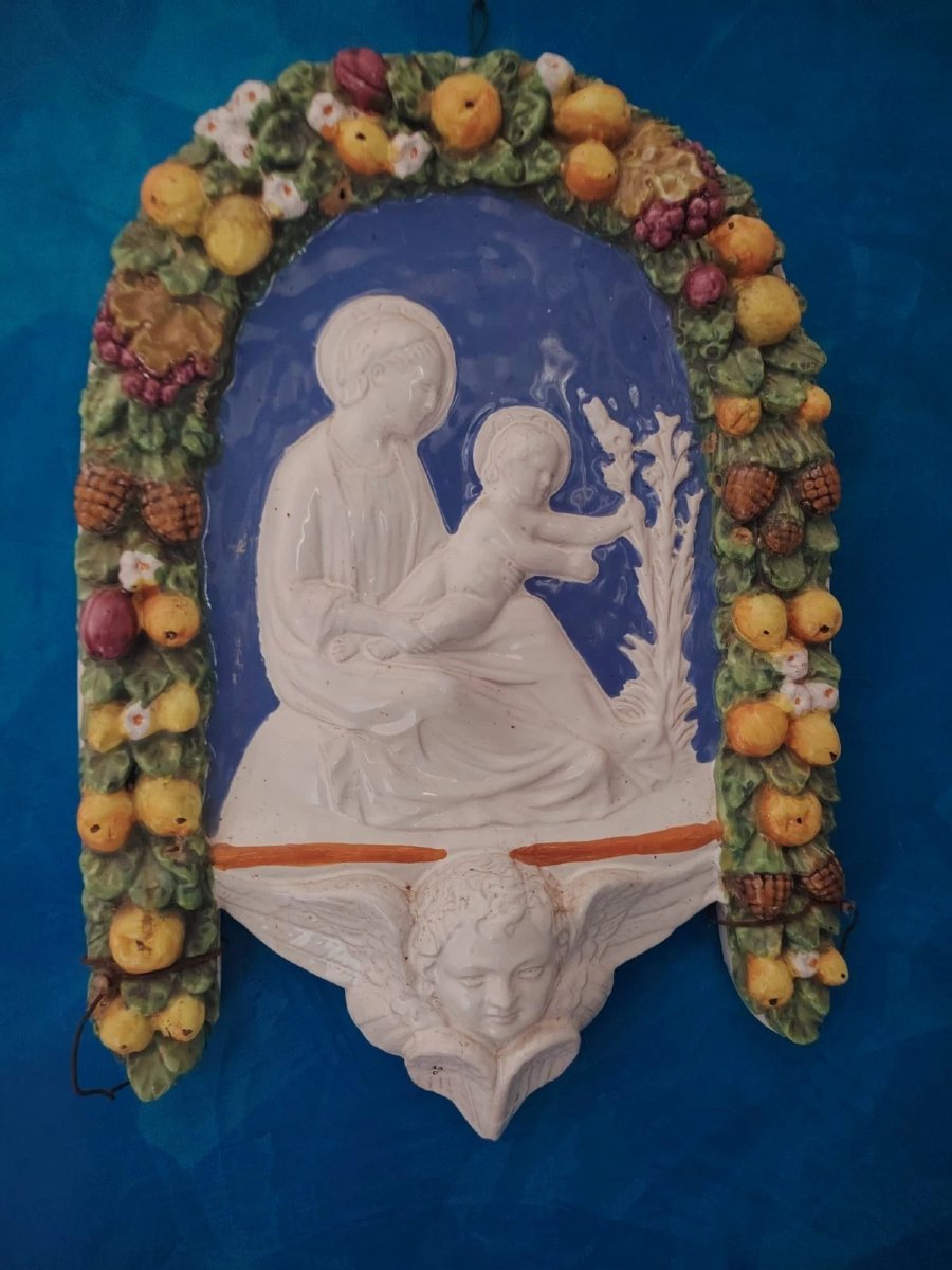 Edicola In Maiolica Smaltata Stile Robbiano Primi 900 Madonna Bambin Gesù-photo-4