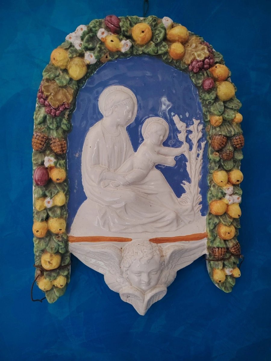 Edicola In Maiolica Smaltata Stile Robbiano Primi 900 Madonna Bambin Gesù-photo-7