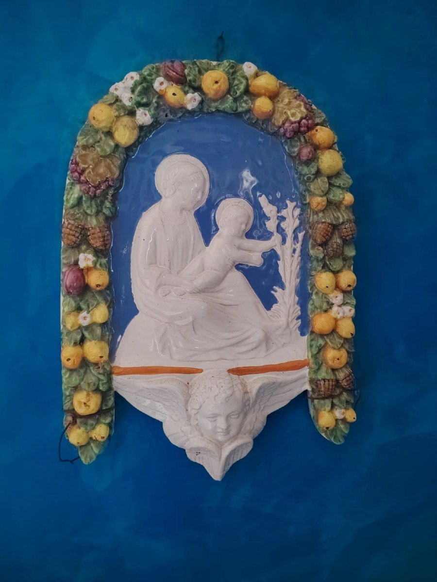 Edicola In Maiolica Smaltata Stile Robbiano Primi 900 Madonna Bambin Gesù-photo-8