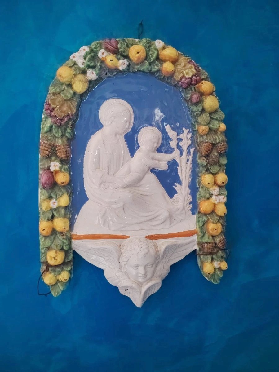 Edicola In Maiolica Smaltata Stile Robbiano Primi 900 Madonna Bambin Gesù