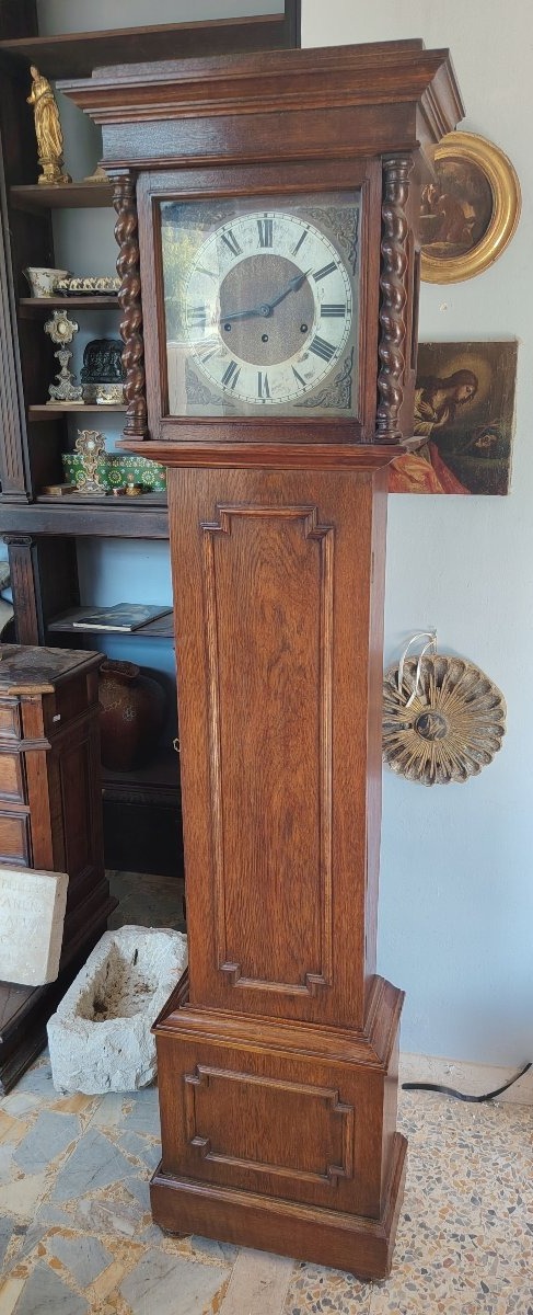 antico orologio a pendolo a colonna realizzato in legno di quercia XIX SECOLO INGHILTERRA