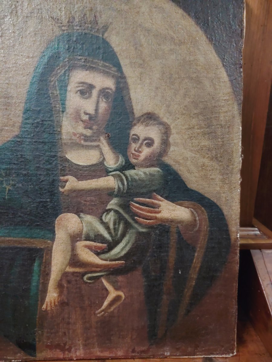 Antico dipinto a olio su tela raffigurante la Madonna con il Bambino, -photo-2
