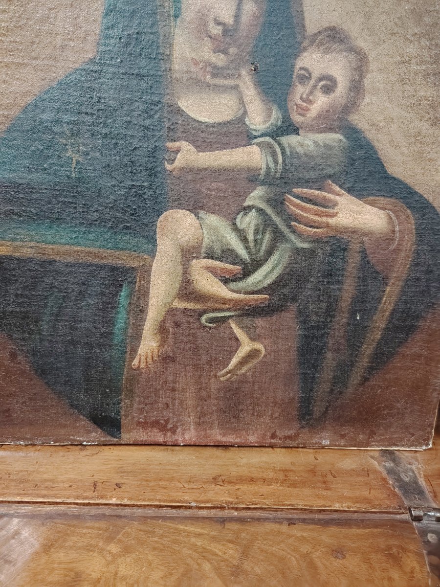 Antico dipinto a olio su tela raffigurante la Madonna con il Bambino, -photo-5