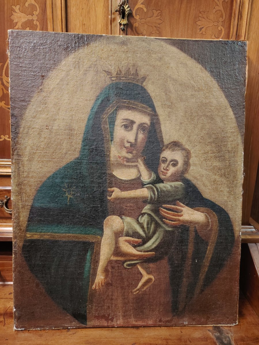Antico dipinto a olio su tela raffigurante la Madonna con il Bambino, -photo-6