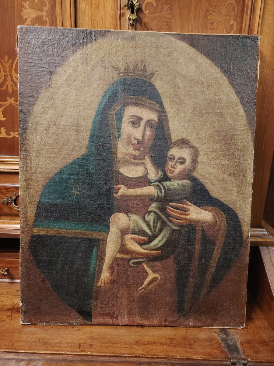 Antico dipinto a olio su tela raffigurante la Madonna con il Bambino, 