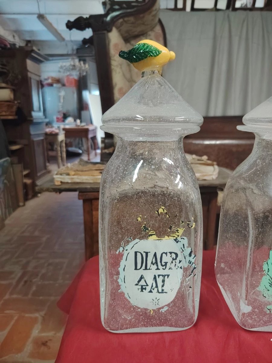 Tre Vasi farmacia antichi n vetro soffiato Dipinti Primi '900 Murano. H.35 CM-photo-3