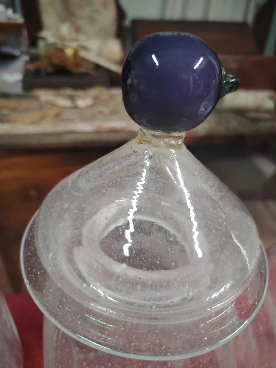 Tre Vasi farmacia antichi n vetro soffiato Dipinti Primi '900 Murano. H.35 CM-photo-6