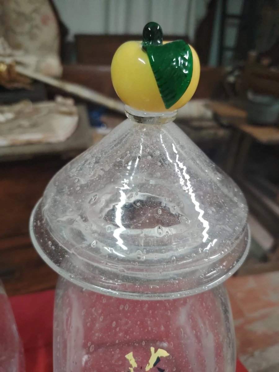 Tre Vasi farmacia antichi n vetro soffiato Dipinti Primi '900 Murano. H.35 CM-photo-7