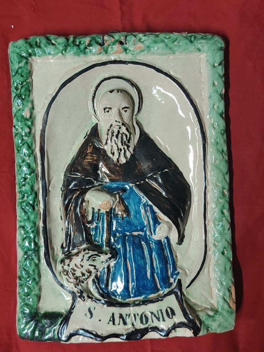 targa devozionale in terracotta maiolicata  Sant'Antonio Abate metà 800, -photo-1