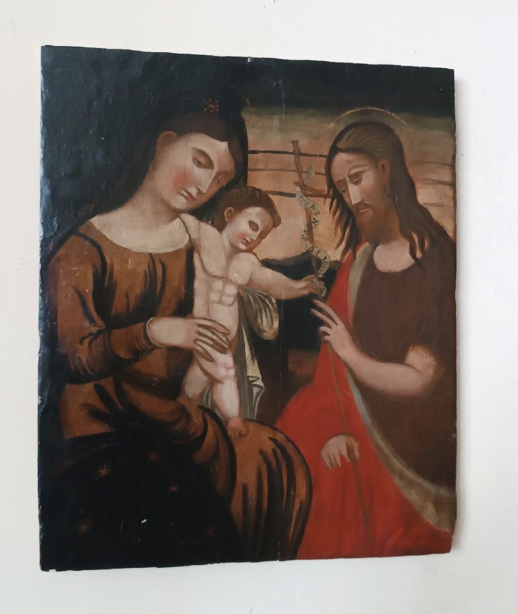 Antica tavola dipinta -Sacra famiglia-Scuola veneziana cretese XVI secolo