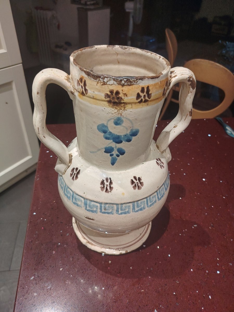 antica ciarla (o anfora a due manici) in maiolica dipinta  metà del XIX -photo-3