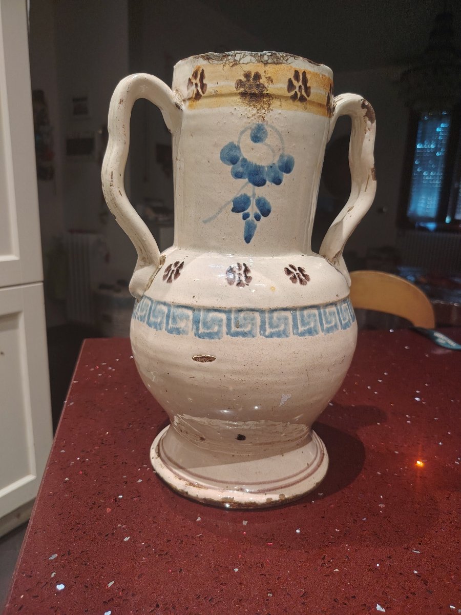 antica ciarla (o anfora a due manici) in maiolica dipinta  metà del XIX 
