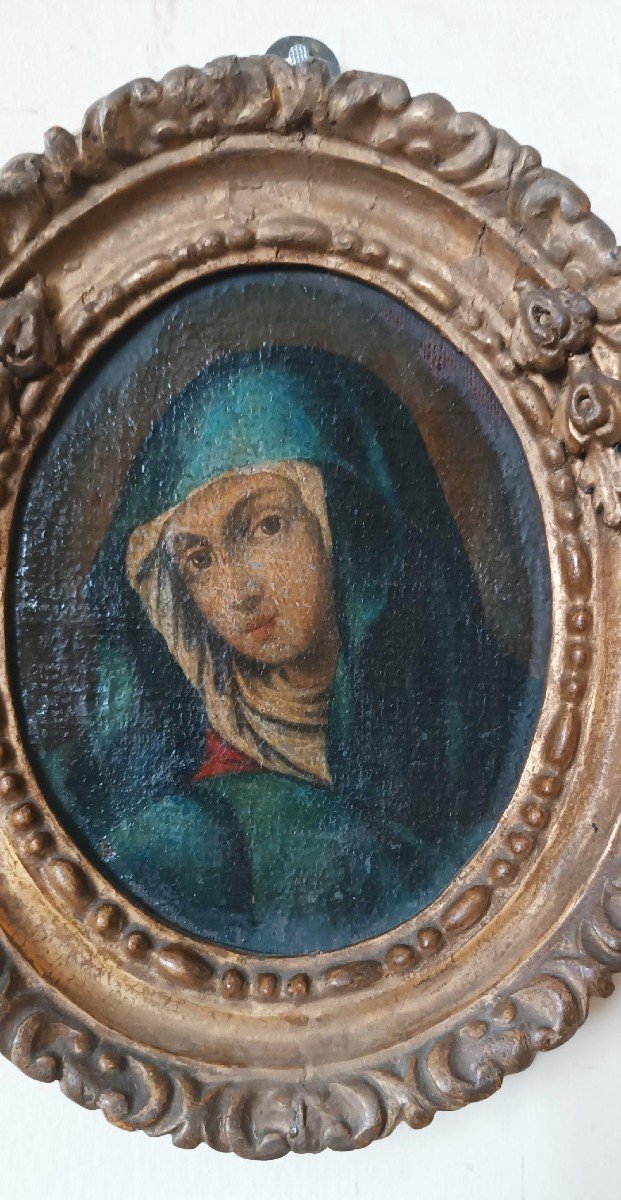 Antico dipinto ovale cornice antica ,volto Madonna-photo-3