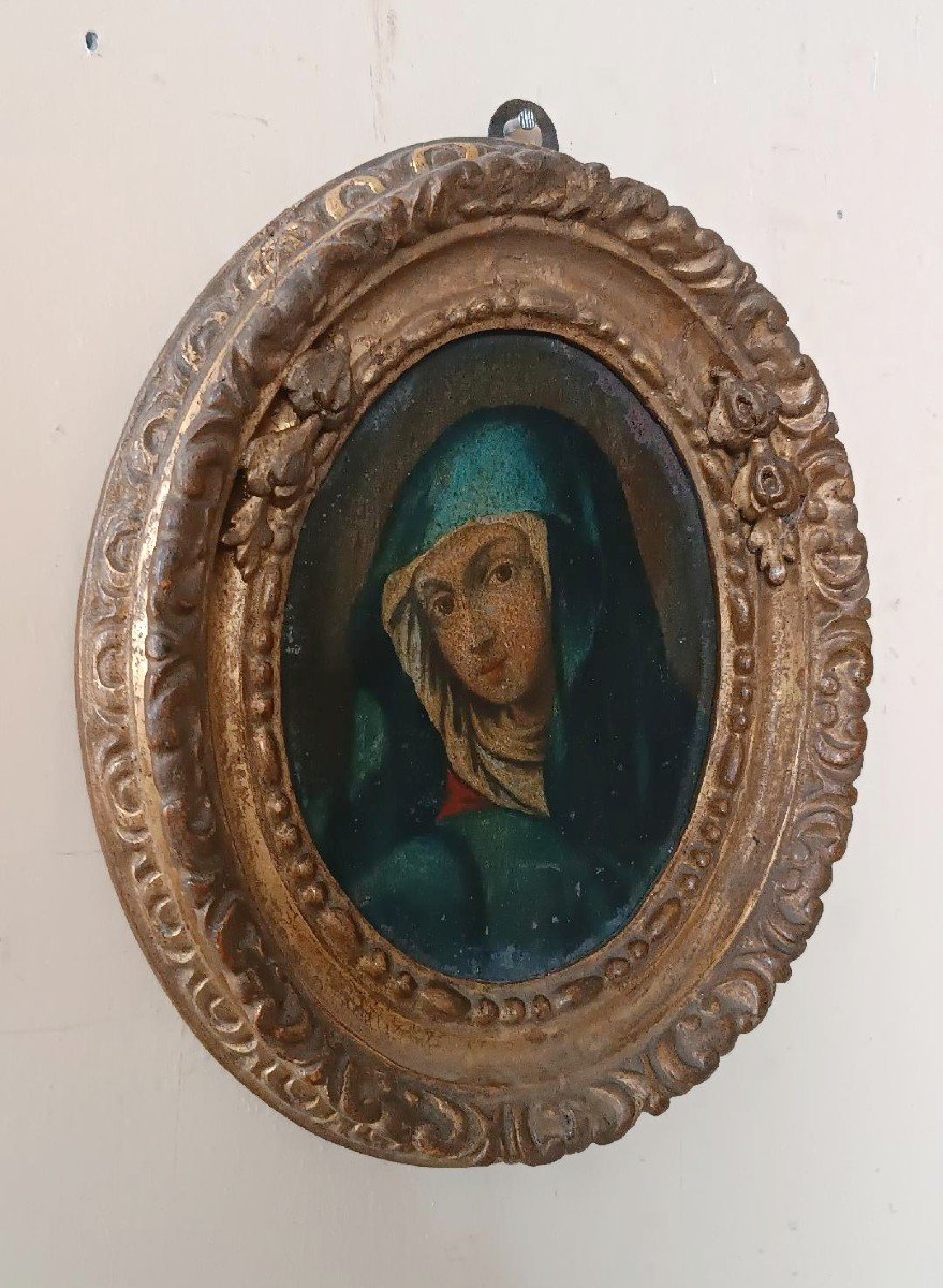 Antico dipinto ovale cornice antica ,volto Madonna-photo-4