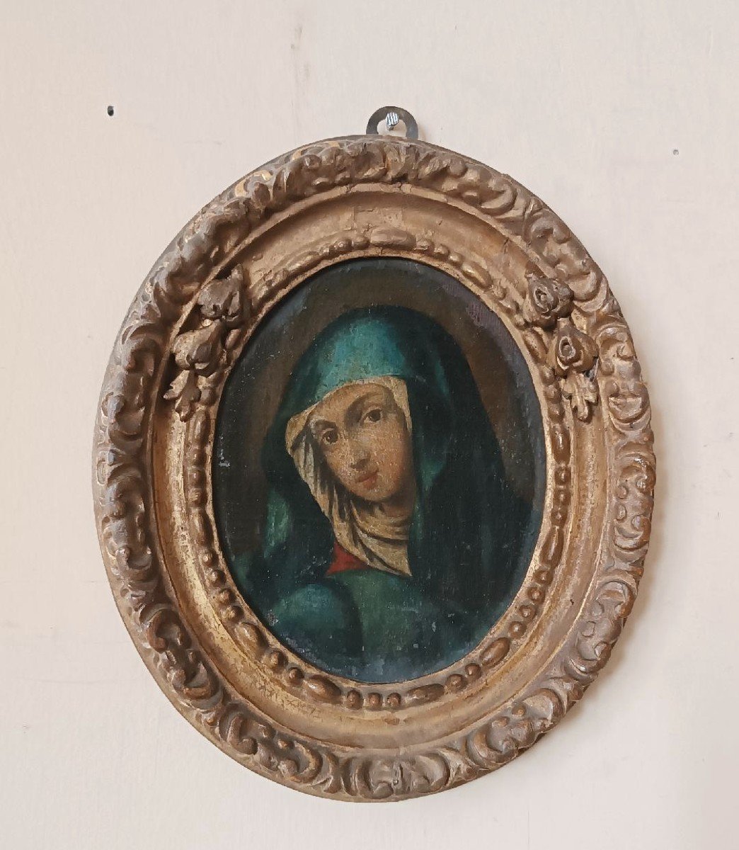 Antico dipinto ovale cornice antica ,volto Madonna-photo-1
