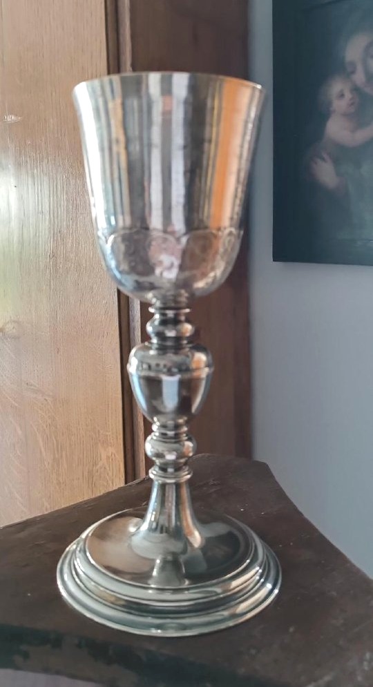Antico calice da messa , in bronzo argentato ,sottocoppa in argento-photo-2