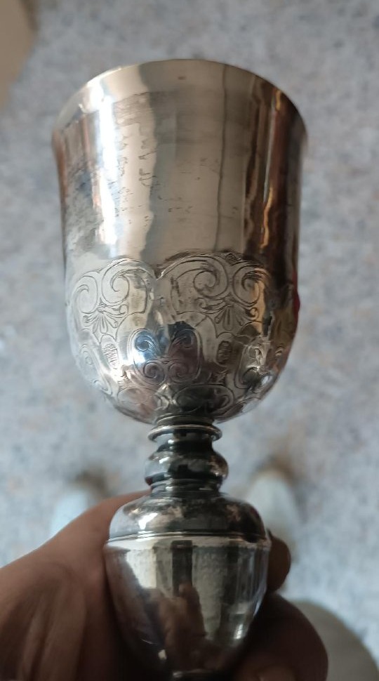Antico calice da messa , in bronzo argentato ,sottocoppa in argento-photo-3