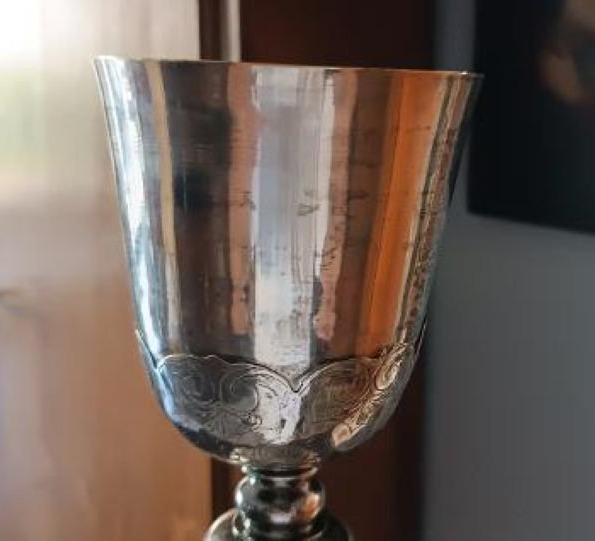 Antico calice da messa , in bronzo argentato ,sottocoppa in argento-photo-4