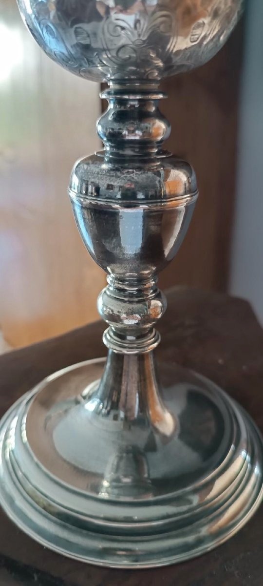 Antico calice da messa , in bronzo argentato ,sottocoppa in argento-photo-1