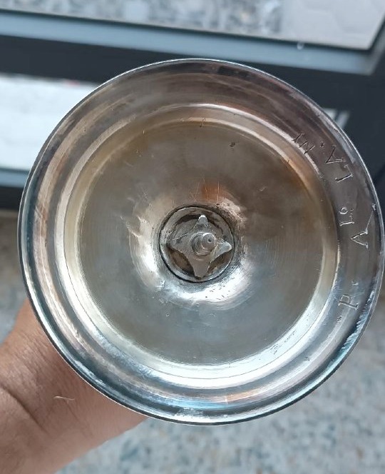 Antico calice da messa , in bronzo argentato ,sottocoppa in argento-photo-3