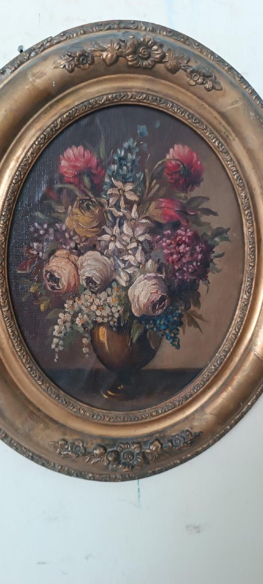 Coppia di nature morte su tela cornici ovali legno dorato fine 800-photo-1