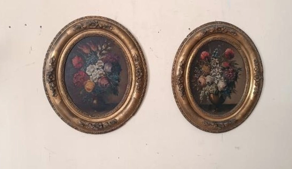 Coppia di nature morte su tela cornici ovali legno dorato fine 800