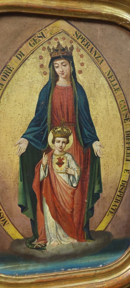 DIPINTO SU TELA MADONNA CON BAMBINO XIX SECOLO ORIGINALE CORNICE DORATA-photo-4
