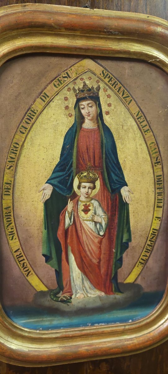 DIPINTO SU TELA MADONNA CON BAMBINO XIX SECOLO ORIGINALE CORNICE DORATA-photo-2