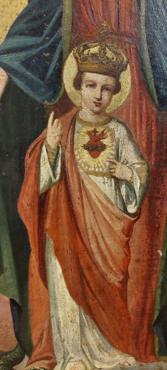 DIPINTO SU TELA MADONNA CON BAMBINO XIX SECOLO ORIGINALE CORNICE DORATA-photo-4