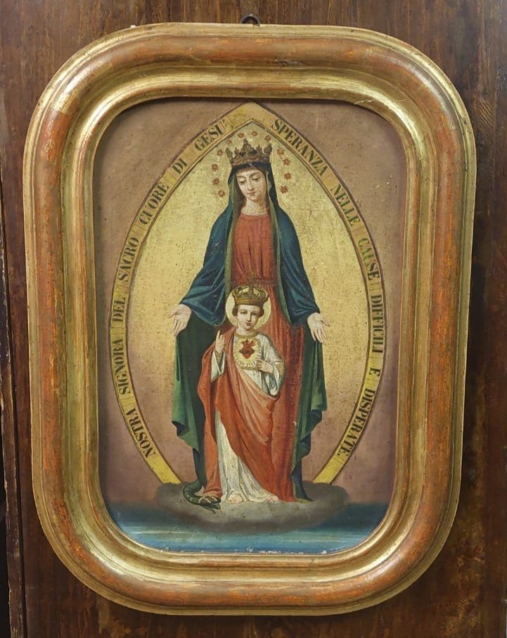 DIPINTO SU TELA MADONNA CON BAMBINO XIX SECOLO ORIGINALE CORNICE DORATA-photo-5
