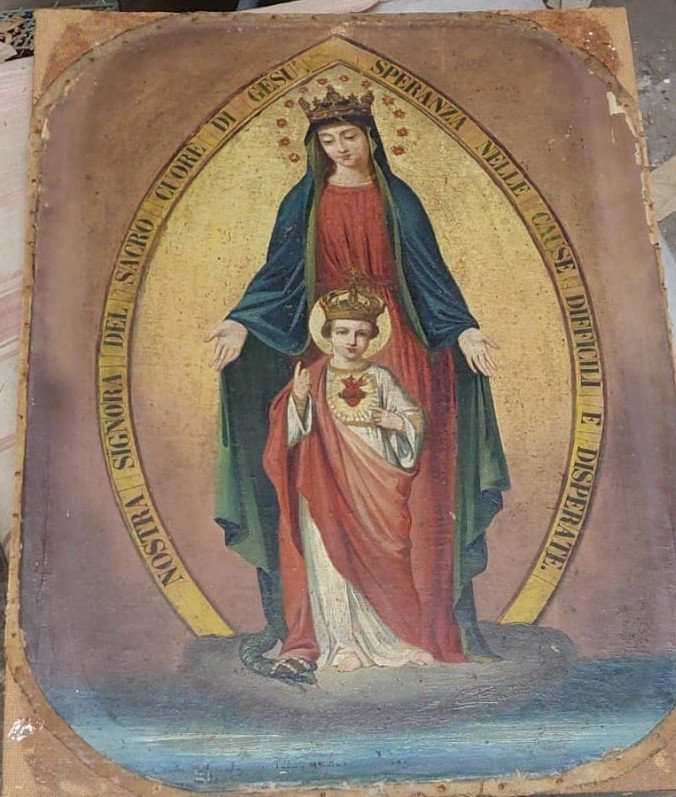 DIPINTO SU TELA MADONNA CON BAMBINO XIX SECOLO ORIGINALE CORNICE DORATA-photo-6