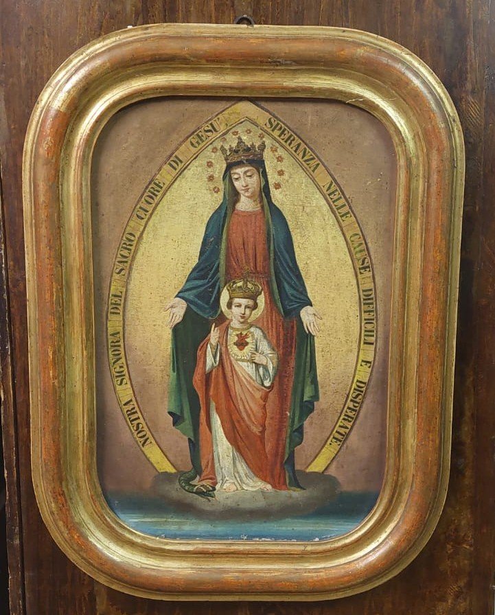 DIPINTO SU TELA MADONNA CON BAMBINO XIX SECOLO ORIGINALE CORNICE DORATA
