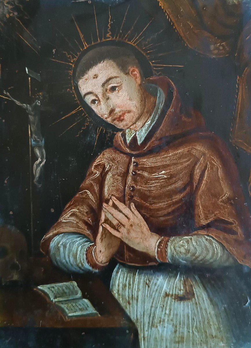 Antico dipinto su rame-SAN CARLO BORROMEO -Scuola italiana XVII secolo-photo-3