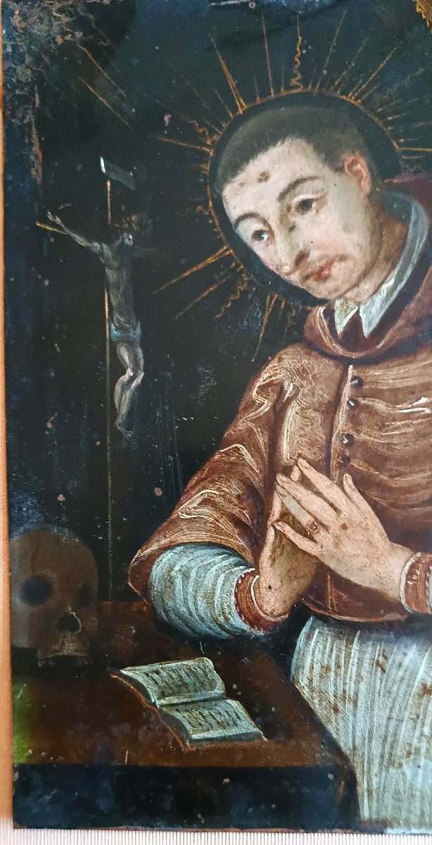 Antico dipinto su rame-SAN CARLO BORROMEO -Scuola italiana XVII secolo-photo-1