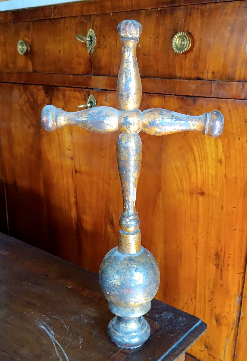 Antica croce processionale in legno dorato  H,45 CM-photo-3