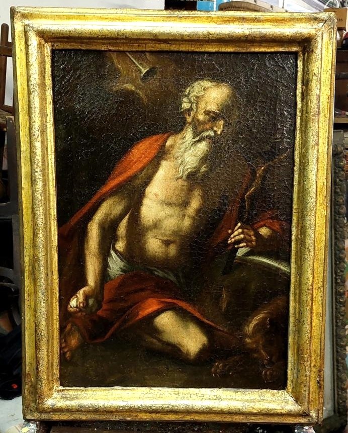Antico olio su tela con cornice antica raffigurante San Girolamo scuola italiana XVII secolo-photo-2