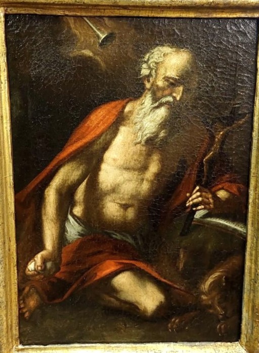 Antico olio su tela con cornice antica raffigurante San Girolamo scuola italiana XVII secolo-photo-3
