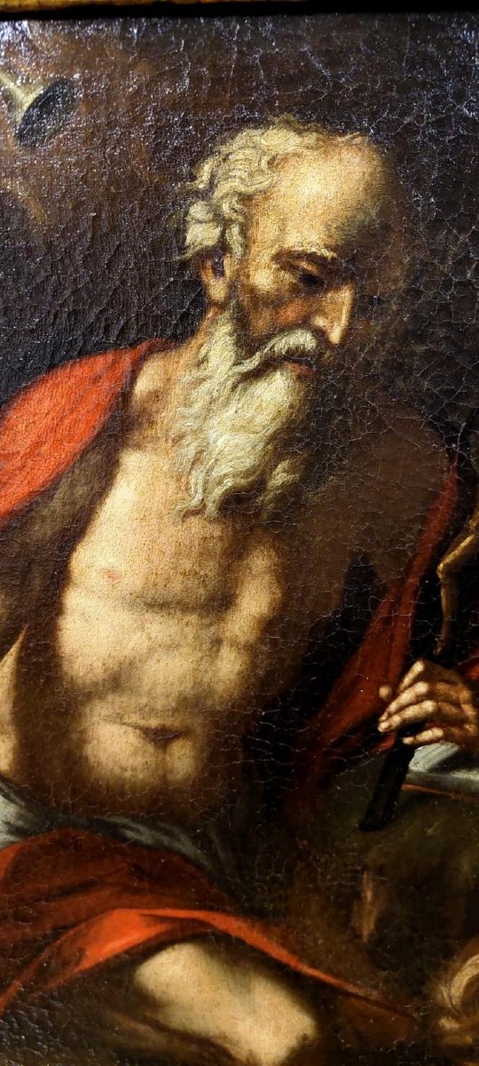 Antico olio su tela con cornice antica raffigurante San Girolamo scuola italiana XVII secolo-photo-4