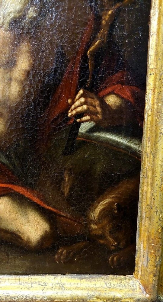 Antico olio su tela con cornice antica raffigurante San Girolamo scuola italiana XVII secolo-photo-2