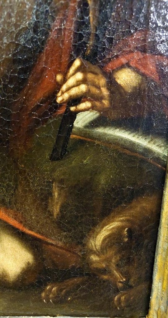 Antico olio su tela con cornice antica raffigurante San Girolamo scuola italiana XVII secolo-photo-7