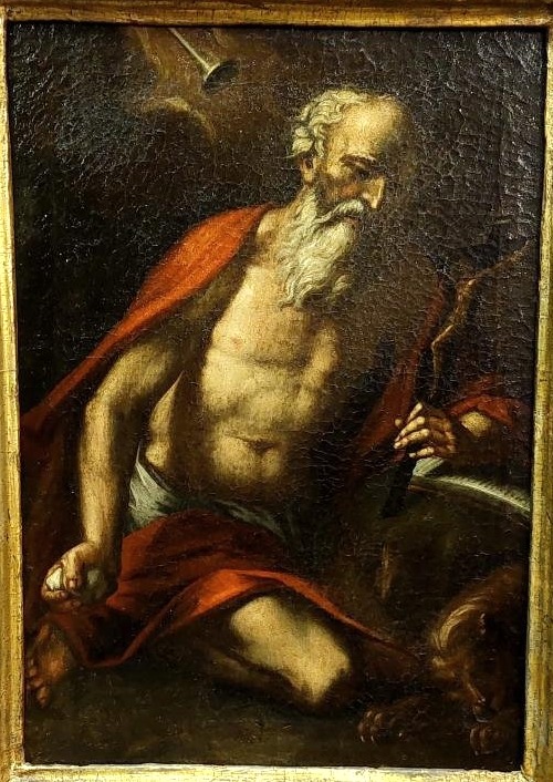 Antico olio su tela con cornice antica raffigurante San Girolamo scuola italiana XVII secolo-photo-8