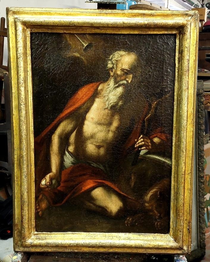 Antico olio su tela con cornice antica raffigurante San Girolamo scuola italiana XVII secolo