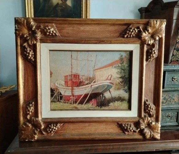 Dipinto marina olio su Masonite prima meta' 900 firmato cornice dorata legno-photo-2