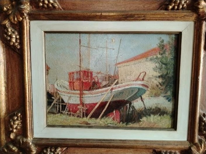 Dipinto marina olio su Masonite prima meta' 900 firmato cornice dorata legno-photo-5